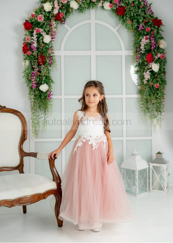 Ivory Lace Mauve Tulle Beaded Flower Girl Dress